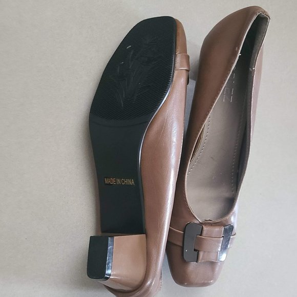 Beige Kitten Heels with Metallic Buckle Detail - Picture 5 of 6